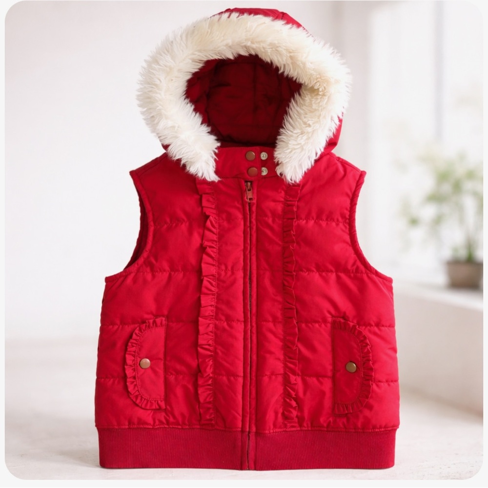Red Hooded Vest with Faux Fur Trim